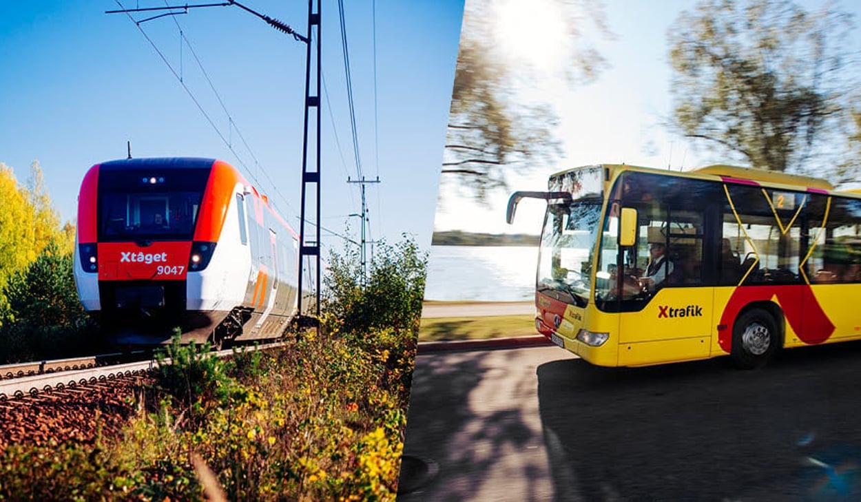 Ett rött och vitt X-tåg med nummer 9047 kör på järnväg till vänster, och en gul och röd X-trafik-buss kör på en väg till höger.